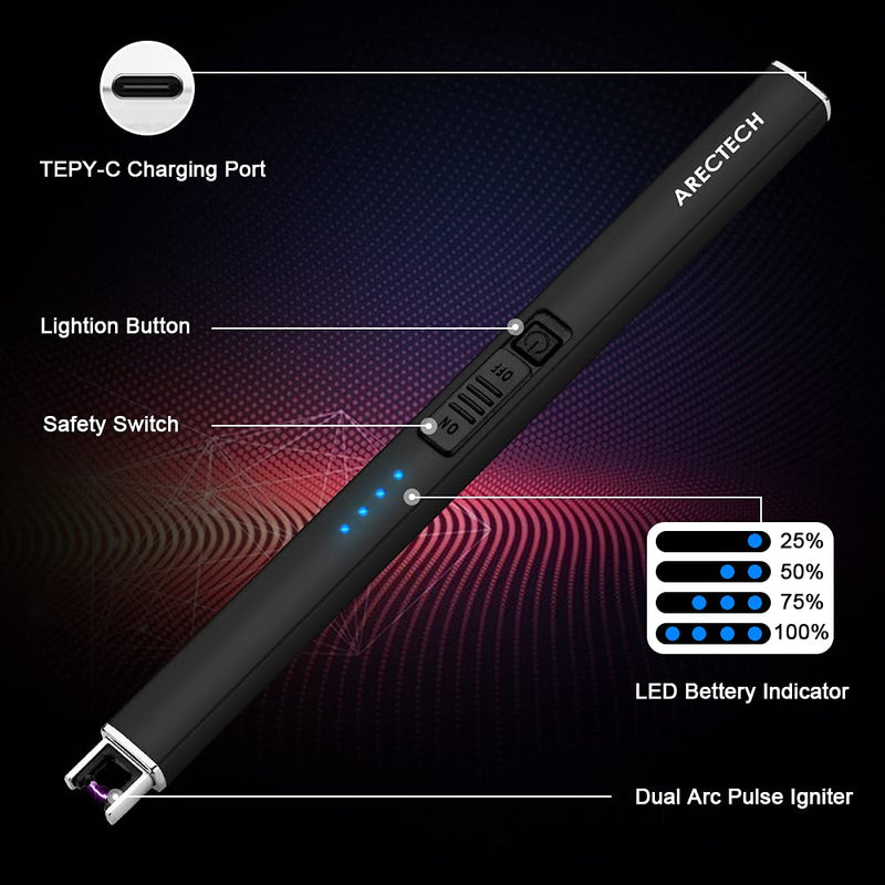 ARECTECH Lighter Electric Lighter Candle Lighter Rechargeable USB Lighter Plasma Arc Lighters for Candle Camping Kitchen Black - NewNest Australia