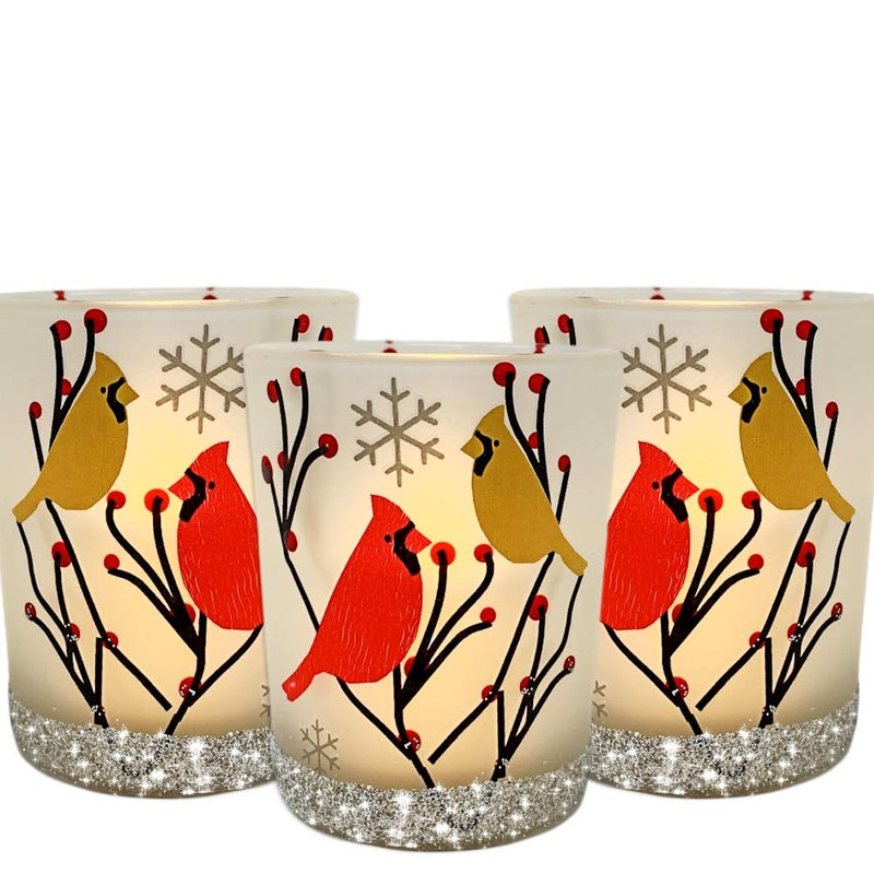 NewNest Australia - BANBERRY DESIGNS Cardinal Votive Holders - Set of 3 Frosted Glass Candle Holders - Cardinal Birds in a Winter Scene with Berries - 3 Flameless Tealight Candles Included 