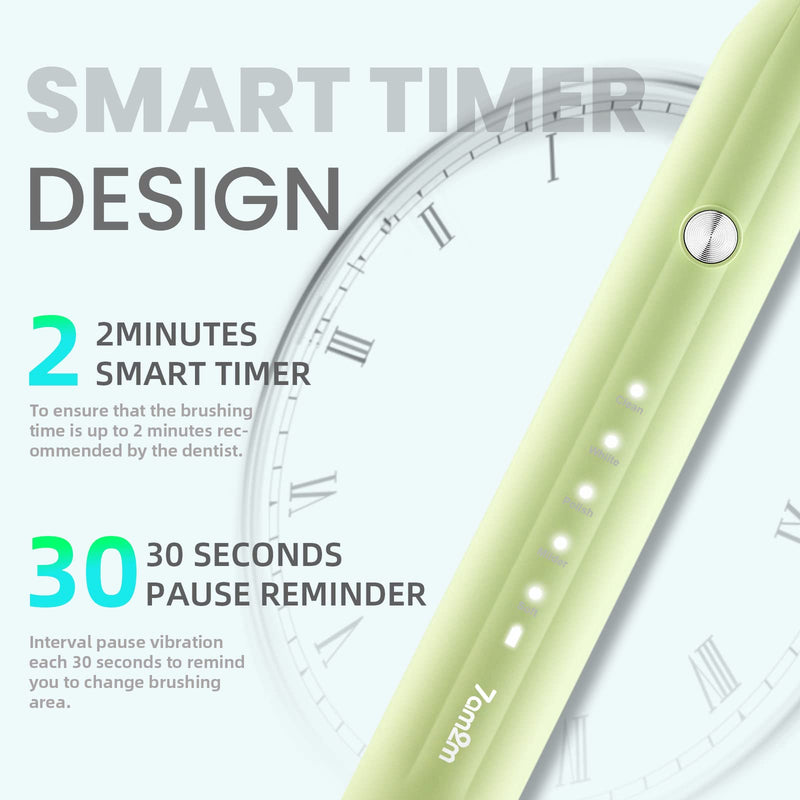 7AM2M Sonic Electric Toothbrush for Adults and Kids, One Charge for 90 Days, with 6 Brush Heads, 5 Modes with 2 Minutes Build in Smart Timer, Roman Column Handle Design(Green) Green - NewNest Australia