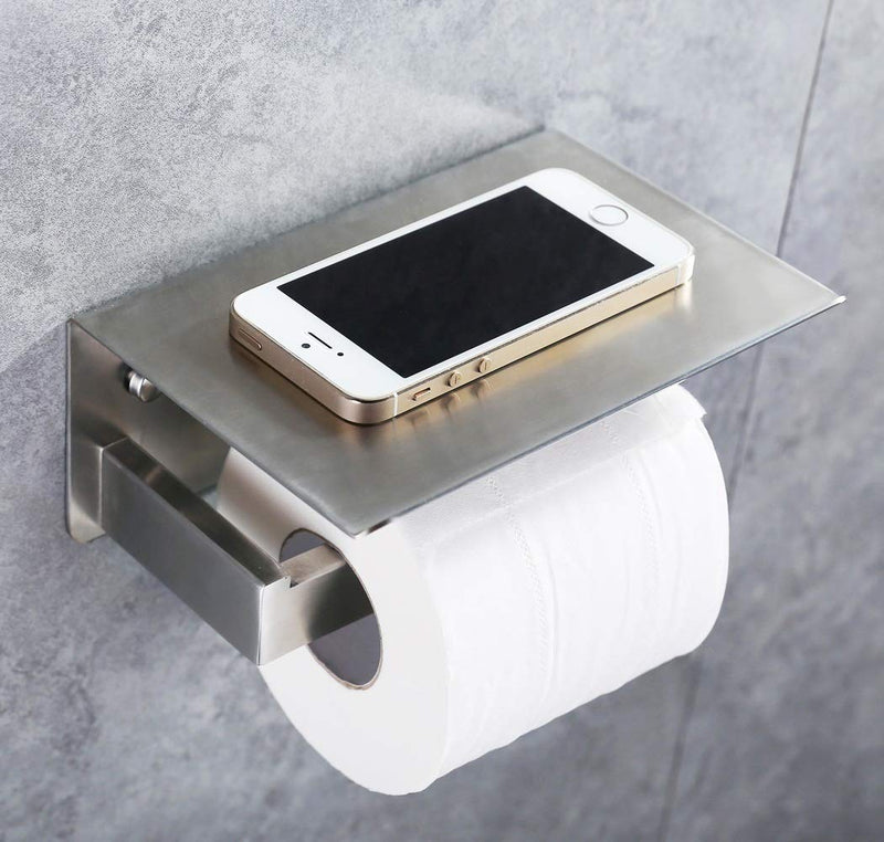 Toilet Paper Holder with Phone Shelf Brushed Nickel, APLusee Bathroom Accessories SUS 304 Stainless Steel Tissue Roll Dispenser Storage Wall Mounted - NewNest Australia
