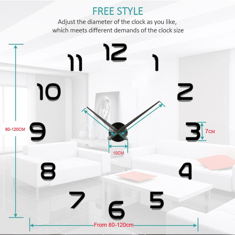 NewNest Australia - Large 3D Wall Clock Frameless DIY Wall Sticker Clocks for Home Living Room Office Decoration Gift Black 