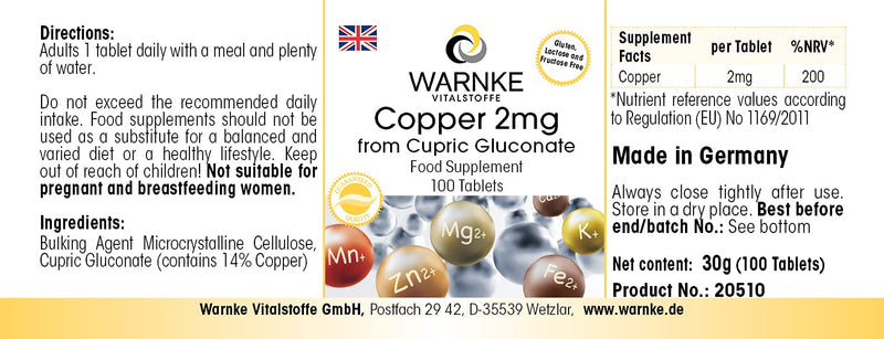 Copper 2mg from copper gluconate - vegan - 100 tablets | Warnke vital substances - NewNest Australia