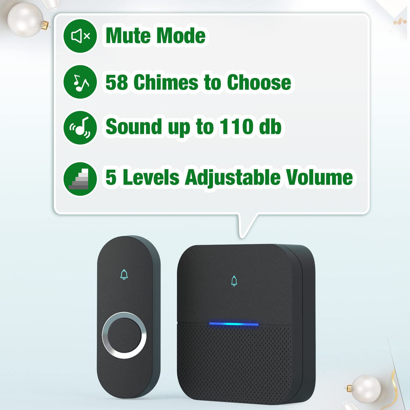 AIDA Lighted Wireless Doorbell, Home Waterproof Doorbell 1,000ft Range, 5 Volume Levels with 58 Doorbell Chimes & LED Flash (Black, Doorbell with 1 Button & 1 Receiver) - NewNest Australia