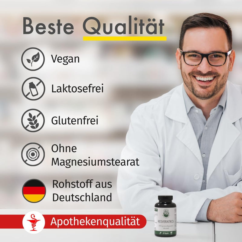 Resveratrol (60 capsules of 500 mg each) from yeast - Austrian production - 100% vegan & without additives - supply for 2 months 60 pieces (pack of 1) - NewNest Australia