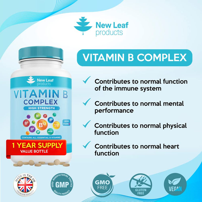Vitamin B Complex 365 High Strength Small Tablets (One Year Supply) All 8 B Vitamins B1-B2-B3-B5-B6-B12, Biotin, Folic Acid and Vitamin C - Reduction of Tiredness - Made in The UK by New Leaf - NewNest Australia