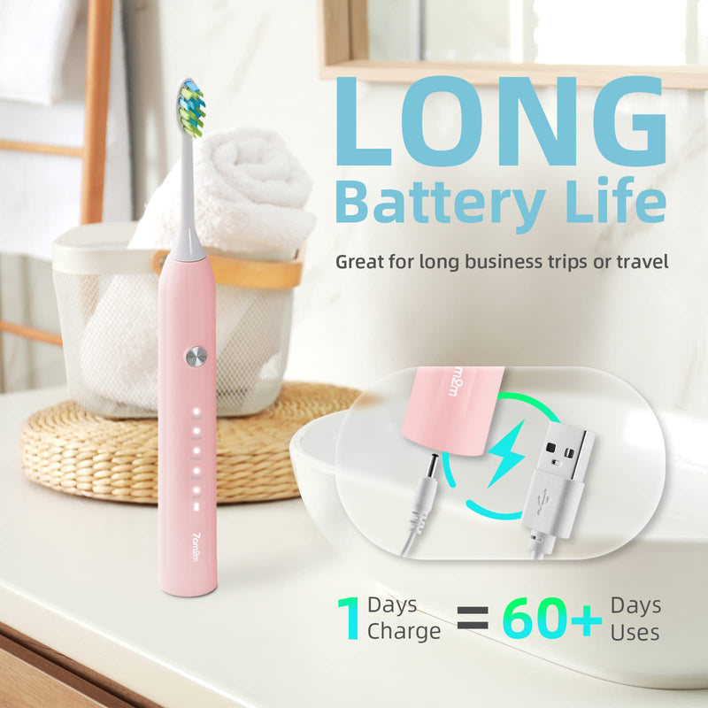 7AM2M Sonic Electric Toothbrush for Adults and Kids, One Charge for 90 Days, with 6 Brush Heads, 5 Modes with 2 Minutes Build in Smart Timer, Roman Column Handle Design (Pink) Pink - NewNest Australia