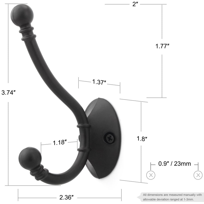 NewNest Australia - Arks Royal 6 PCS 3-3/4 Inch Double Prong Retro Coat and Hat Hook Heavy Duty Metal Wall Hangers with Ball Ends (Screws Included), Flat Black 