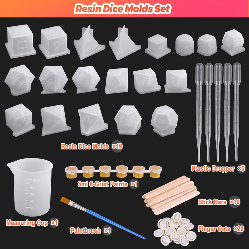 Resin Dice Molds, Shynek 19 Styles Polyhedral Game Dice Molds Set with Silicone Dice Mold, Mixing Sticks, Measuring Cup, Droppers, Acrylic Paints Set for Epoxy Resin Dice Making - NewNest Australia