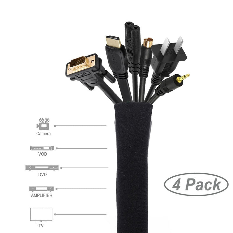 [4 Pack] JOTO Cable Management Sleeve, 19-20 Inch Cord Organizer System with Zipper for TV Computer Office Home Entertainment, Flexible Cable Sleeve Wrap Cover Wire Hider System -Black Black - NewNest Australia