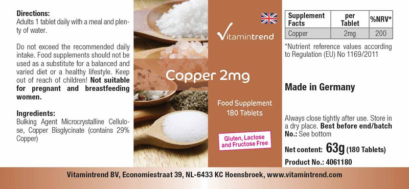 Copper tablets 2mg - 180 tablets - ! FOR 6 MONTHS ! - vegan - high-dose copper dietary supplement | Vitamintrend® - NewNest Australia