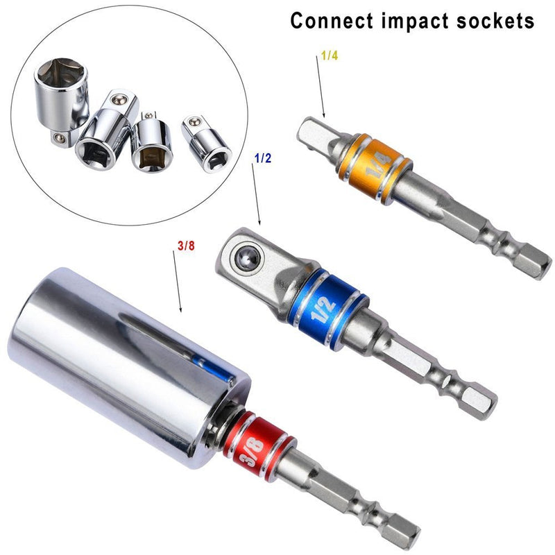 Impact Grade Socket Adapter/Extension Set Turns Power Drill Into High Speed Nut Driver, 3Pcs 1/4" 3/8" 1/2" Hex Shank Bit Square Power Drill Cordless Impact Sockets Bit Set with Color Coded Ring CAI3 - NewNest Australia