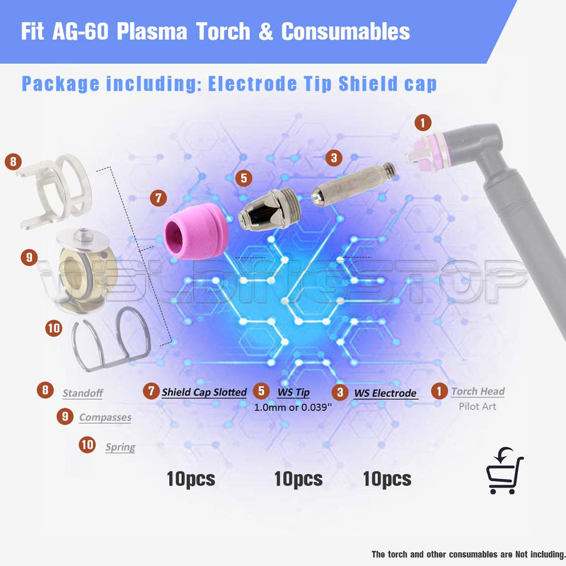 WeldingStop Plasma Consumables Kit for Primeweld CUT50 CUT50DP CT520 CT520DP Plasma Cutter AG-60 Torch (1.0mm .040'' Tip) - NewNest Australia