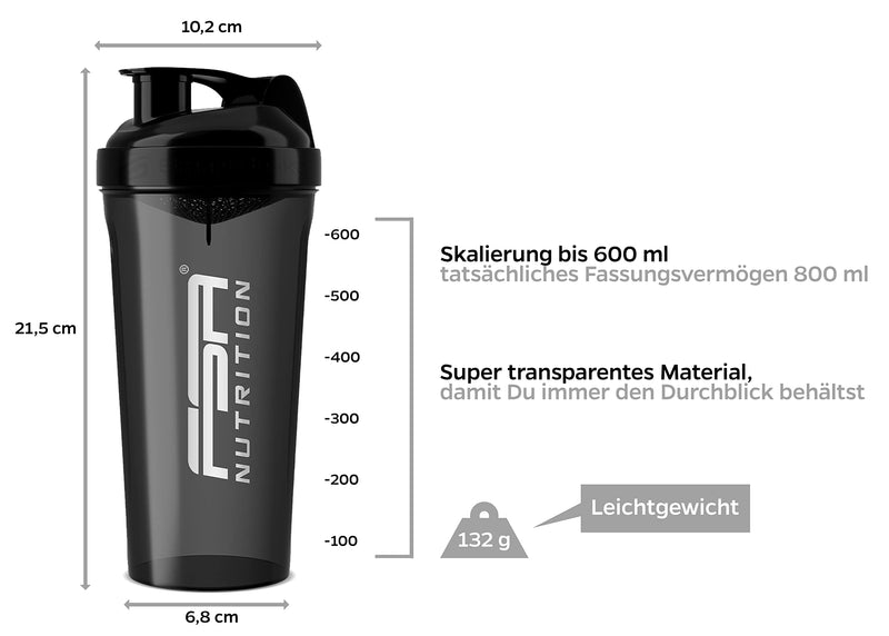 FSA Nutrition Shaker Protein Shake - 800 ml - BPA free - leak-proof - premium quality - with scale - protein shaker - with sieve for lump-free shakes - black - NewNest Australia