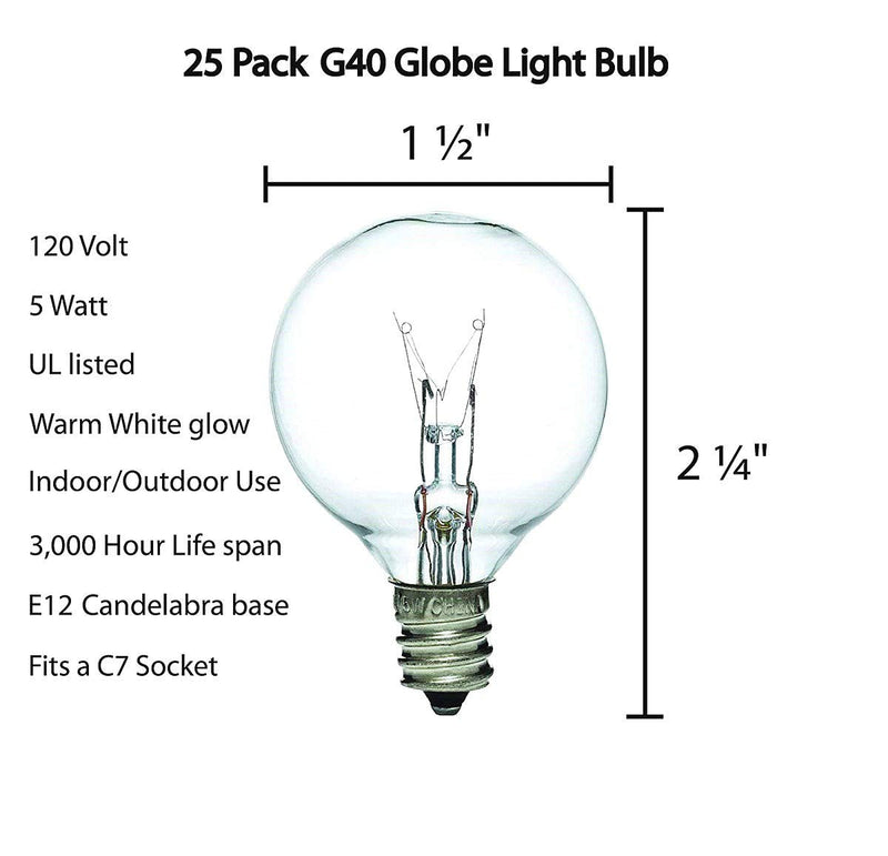 SUNSGNE Clear Globe G40 Bulbs Replacement Screw Base Light Bulbs 1.5-Inch, 5 Watt - Fits E12 and C7 Sockets, 25 Pack - NewNest Australia