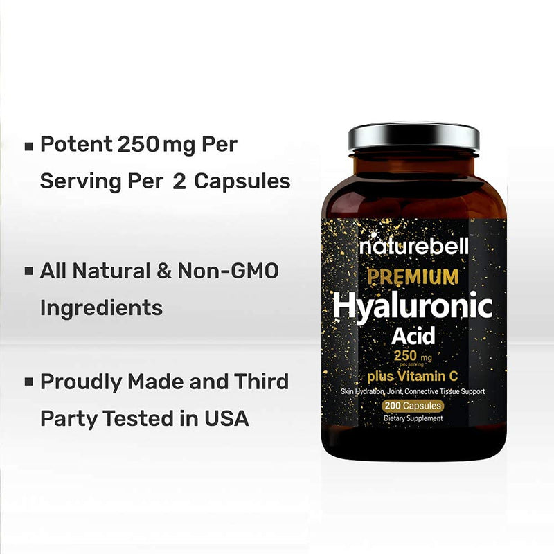 NatureBell Plant Based Hyaluronic Acid Supplements, 250mg Hyaluronic Acid with 25mg Vitamin C Per Serving, 200 Capsules, 2 in 1 Formula, Supports Skin Hydration, Joints Lubrication and Antioxidant - NewNest Australia