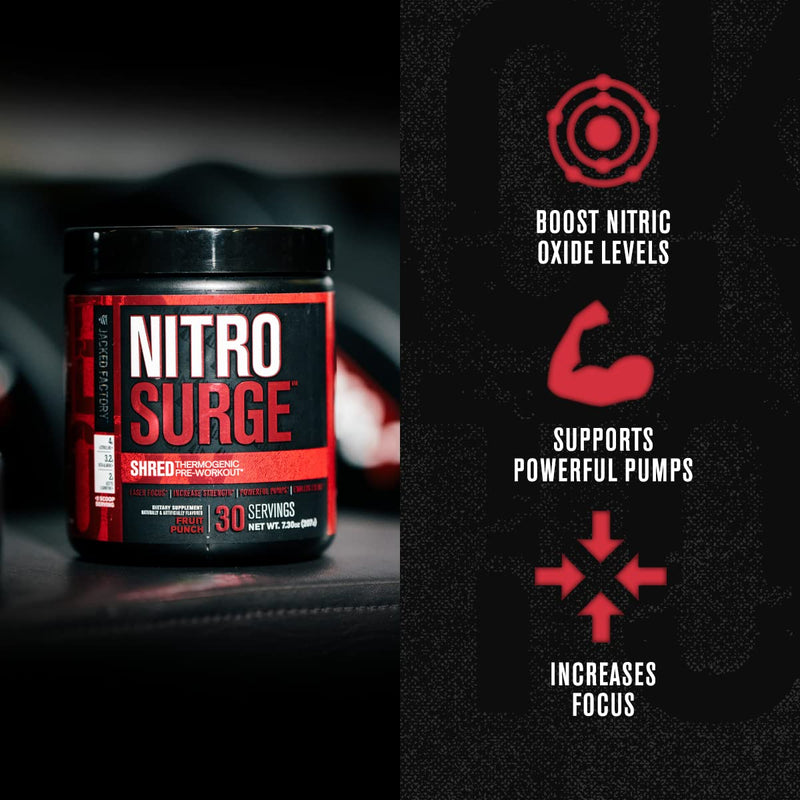 NITROSURGE Shred Pre Workout Supplement - Energy Booster, Instant Strength Gains, Sharp Focus, Powerful Pumps - Nitric Oxide Booster & PreWorkout Powder - 30Sv, Fruit Punch - NewNest Australia