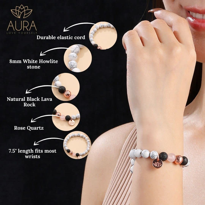 Howlite Bracelet with Rose Quartz, Crystals and Healing Gemstone Jewelry for Anxiety Stress Relief Gifts, Lava Beads - Lava Rock Bracelets for Women Men - White Natural Stone Bracelet Oil Diffuser - NewNest Australia