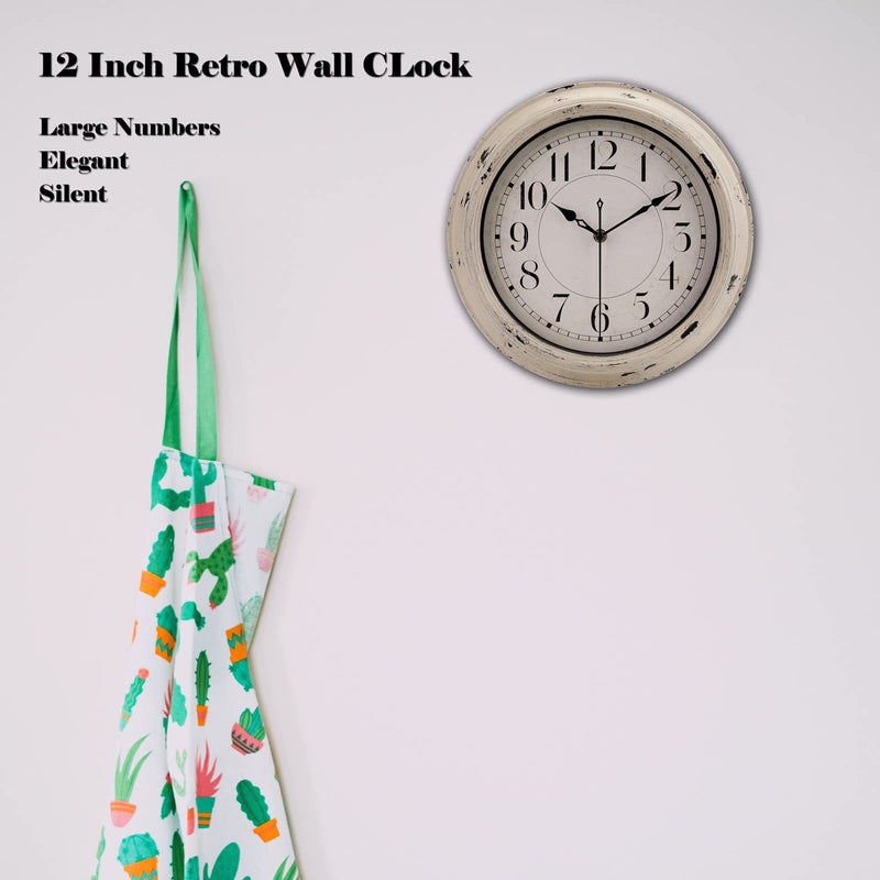 Wall Clock 12 Inch Retro Silent Non-Ticking Quartz Wall Clocks Battery Operated Decorative for Kitchen Home (Beige) Beige - NewNest Australia