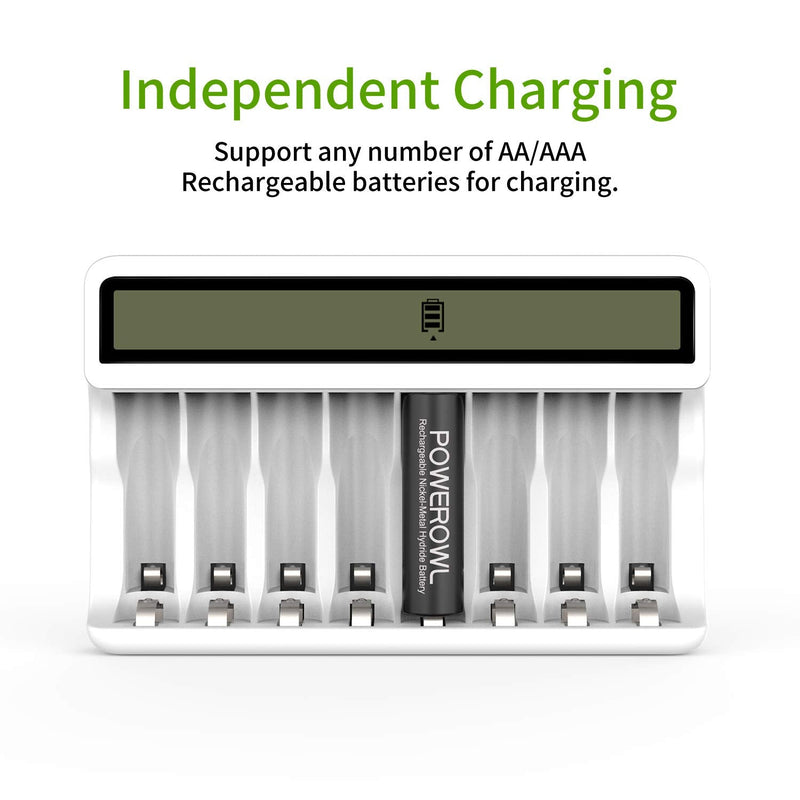 POWEROWL 8 Bay AA AAA Battery Charger with LCD Display (USB Quick Charging, Independent Slot) for Ni-MH Ni-CD Rechargeable Batteries - NewNest Australia