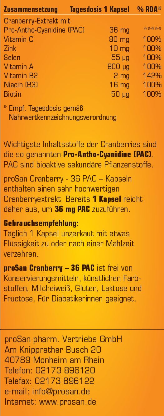 proSan Cranberry-36 PAC (30 capsules) | 3x strong: 36 mg cranberry PAC + micronutrients for the bladder mucosa and a strong immune system | only 1 capsule daily | Quality from Germany - NewNest Australia