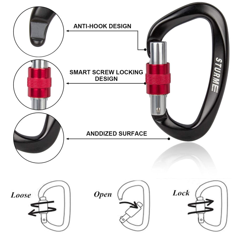 STURME UIAA Certified Climbing Carabiner Clips, 2 Pack 25KN(5623lbs) Screwgate Locking Carabiner Heavy Duty Caribeener Clips, Large Carabiner D Ring for Rock Climbing & Mountaineering Black - NewNest Australia