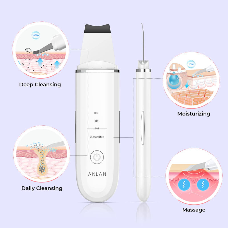 Skin Scrubber, ANLAN Ultrasonic EMS Ion Exfoliating Device Face Cleanser and Blackhead Remover Pores Cleaning Wrinkle Remover Comedone Extractor Skin Care With 4 Modes USB Rechargeable White-1 - NewNest Australia
