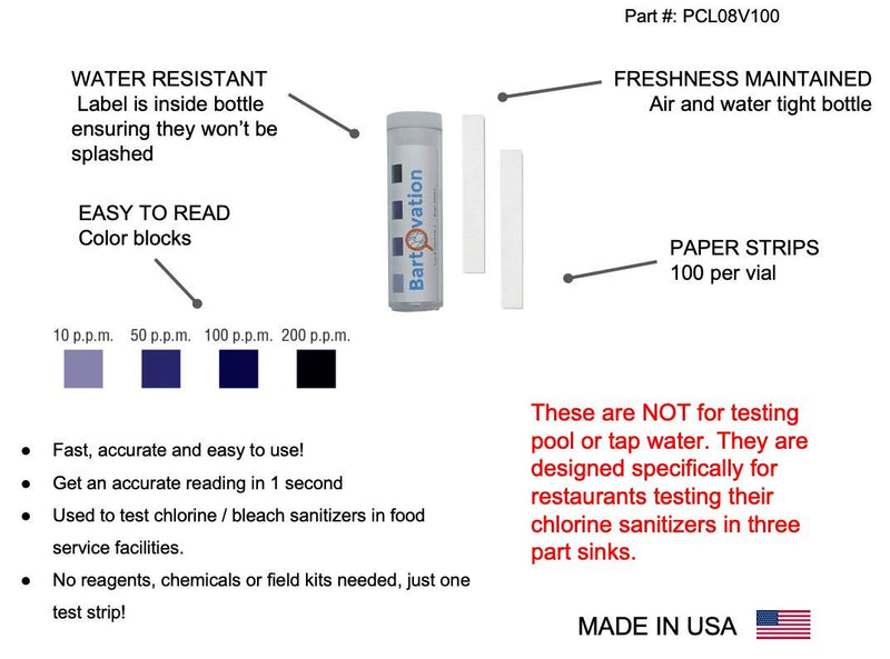 USA Made Restaurant Sanitizer Chlorine Bleach Test Paper, 10-200 ppm [100 Paper Test Strips] 100 - NewNest Australia