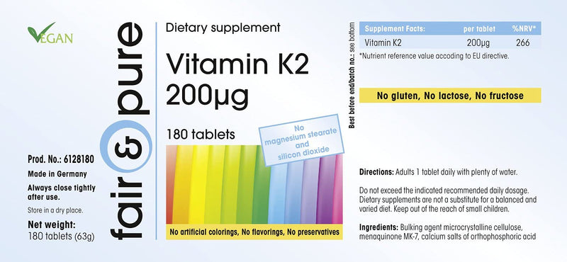 Fair & Pure® - Vitamin K2 200mcg - natural menaquinone MK-7 - vegan - 180 tablets - bulk pack for 6 months - NewNest Australia