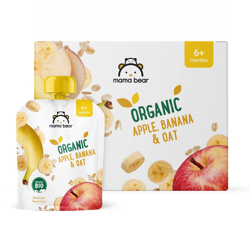 Amazon Brand - Mama Bear Fruit and Cereal Pouch Organic Apple and Banana Puree with Organic Apple Juice and Organic Oat Flour, 6 x 90g Apple, Banana & Oat - NewNest Australia