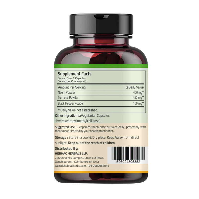 Neem Turmeric Capsules with Black Pepper Neem Herbal Supplement, Ayurvedic Herbal Cleanser, Detoxification, Enhances Skin Health and Immunity (90 Capsules) 90 Count (Pack of 1) - NewNest Australia
