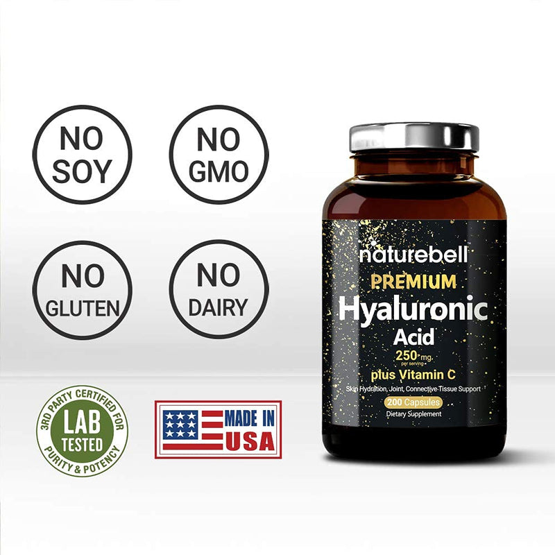 NatureBell Plant Based Hyaluronic Acid Supplements, 250mg Hyaluronic Acid with 25mg Vitamin C Per Serving, 200 Capsules, 2 in 1 Formula, Supports Skin Hydration, Joints Lubrication and Antioxidant - NewNest Australia