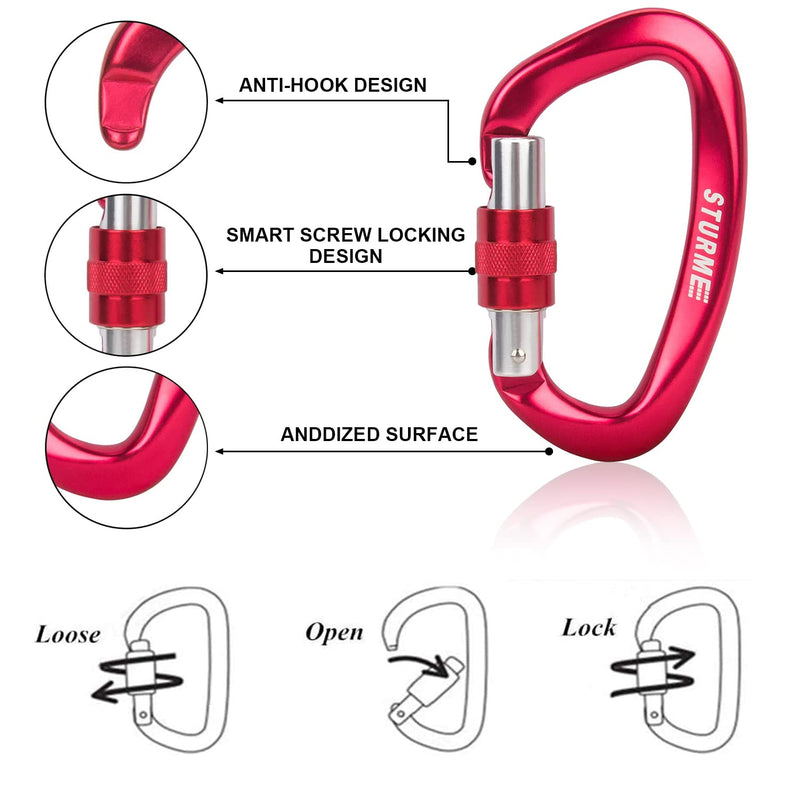 STURME UIAA Certified Climbing Carabiner Clips, 2 Pack 25KN(5623lbs) Screwgate Locking Carabiner Heavy Duty Caribeener Clips, Large Carabiner D Ring for Rock Climbing & Mountaineering Red - NewNest Australia