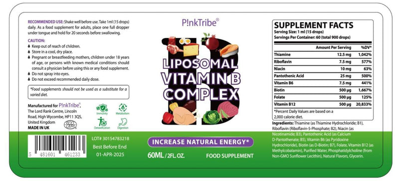 Liposomal Vitamin B Complex Liquid - High Dose Drops with All 8 B Vitamins, Active Vitamin B Forms, Vegan, No Additives, 60ml (Pack of 1) Pack of 1 - NewNest Australia