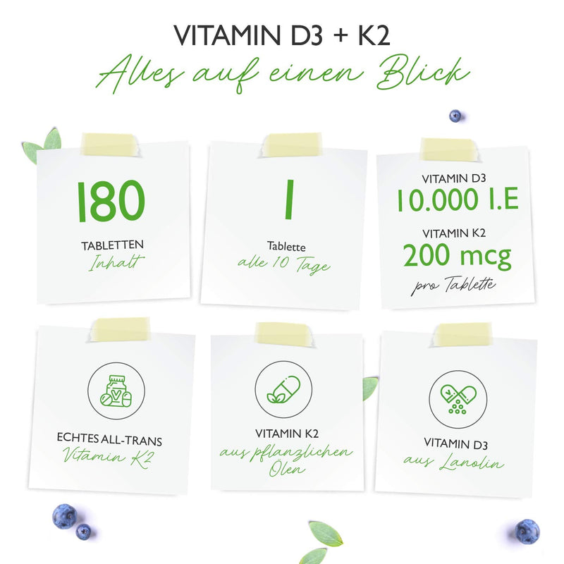 Vitamin D3 10,000 IU + Vitamin K2 200 mcg Menaquinone MK7 Depot - 180 tablets - 99.7+% All-Trans (K2VITAL® from Kappa) - Laboratory tested - Vegetarian - High dosage - Premium quality 180 pieces (pack of 1) - NewNest Australia