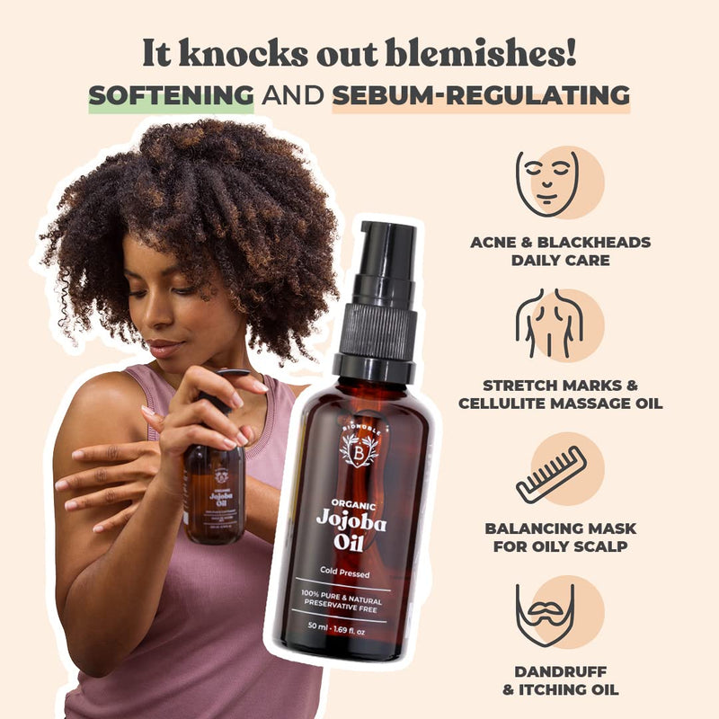 Bionoble Organic Jojoba Oil 50ml - 100% Pure, Natural and Cold Pressed - Face, Body, Hair, Beard, Nails - Vegan and Cruelty Free - Glass Bottle + Pipette + Pump 50 ml (Pack of 1) - NewNest Australia