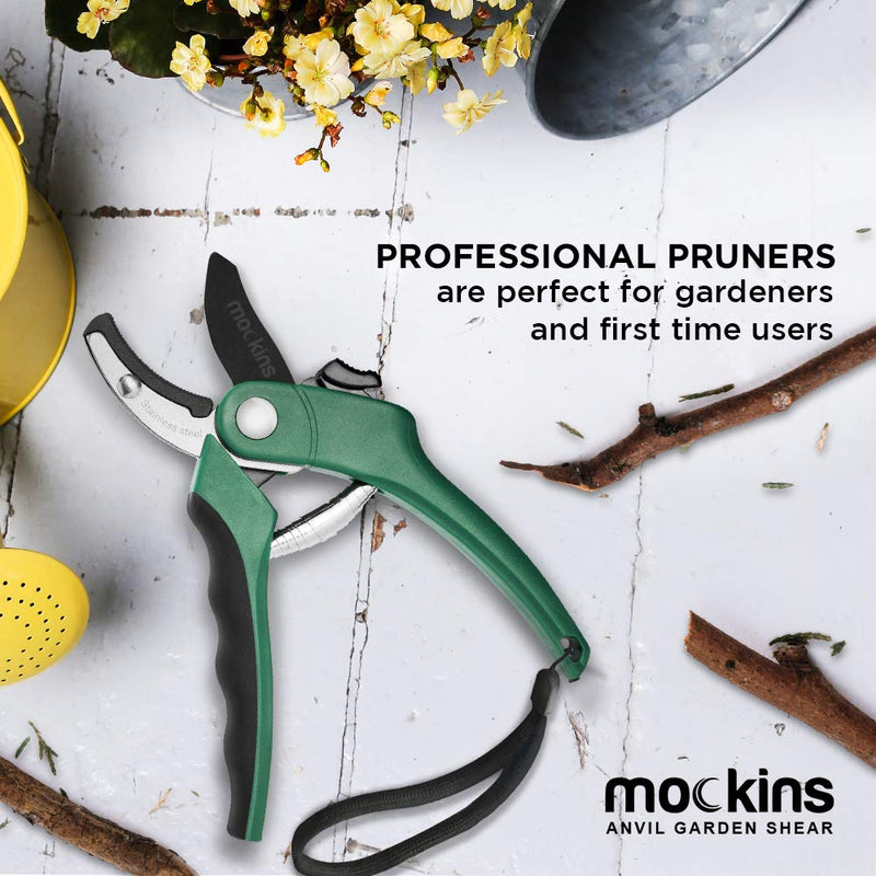 Mockins Professional Heavy Duty Garden Anvil Pruning Shears, Tree Trimmers Secateurs, Hand Pruner, Stainless Steel Blades | 8 mm Cutting Capacity Green - NewNest Australia