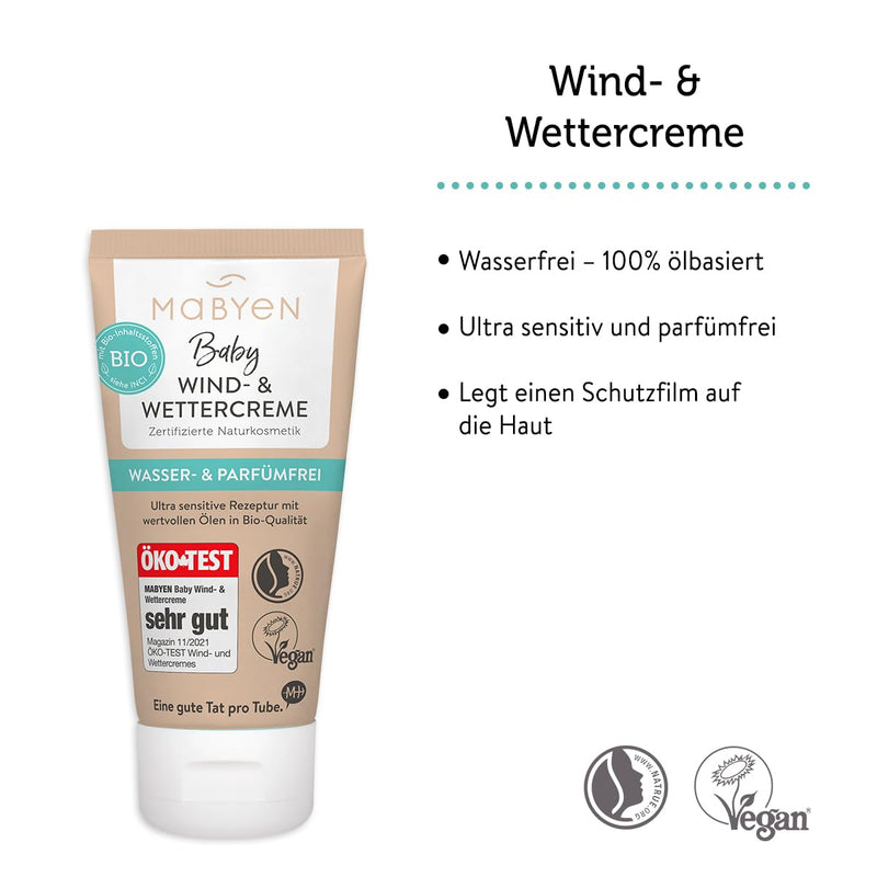 MABYEN wind and weather cream 50 ml | ÖKO-TEST Very good - Baby cream body and face - Certified natural cosmetics - Natrue, vegan, perfume-free, water-free. neutral - NewNest Australia