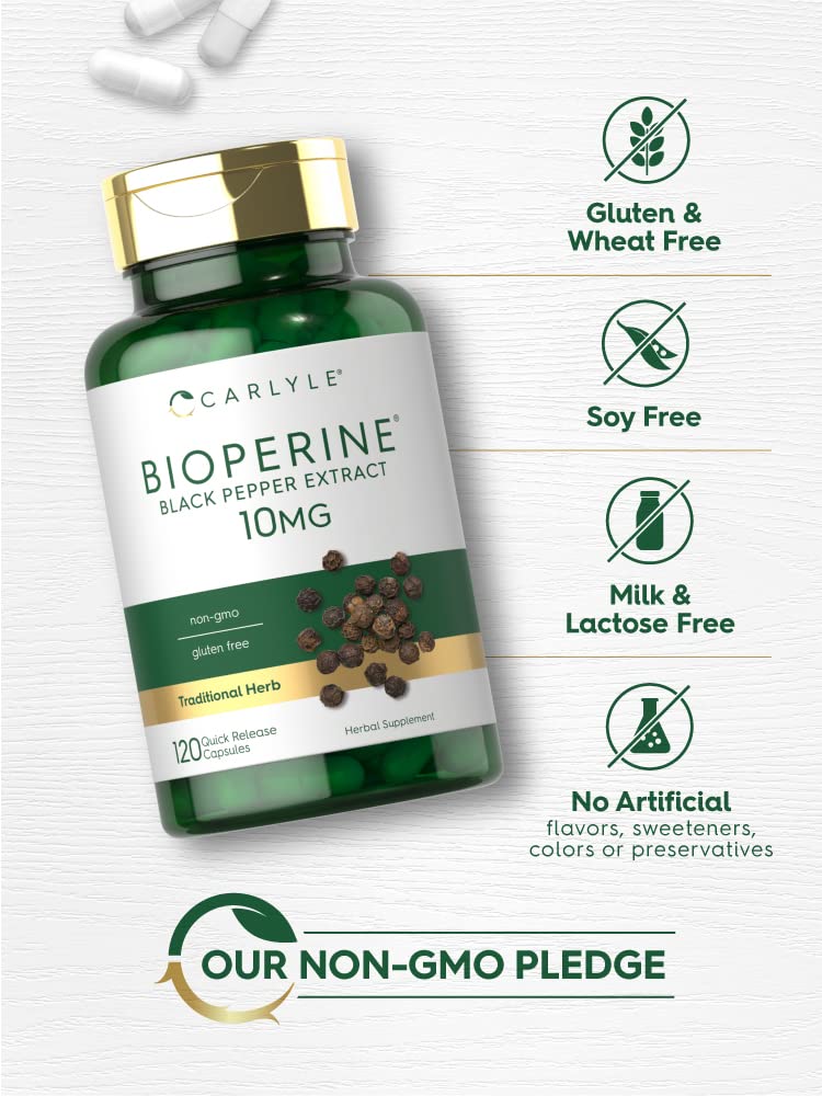 Bioperine 10mg | 120 Capsules | Non-GMO & Gluten Free | Sourced from Black Pepper Extract | Supports Curcumin Powder Absorption | by Carlyle - NewNest Australia