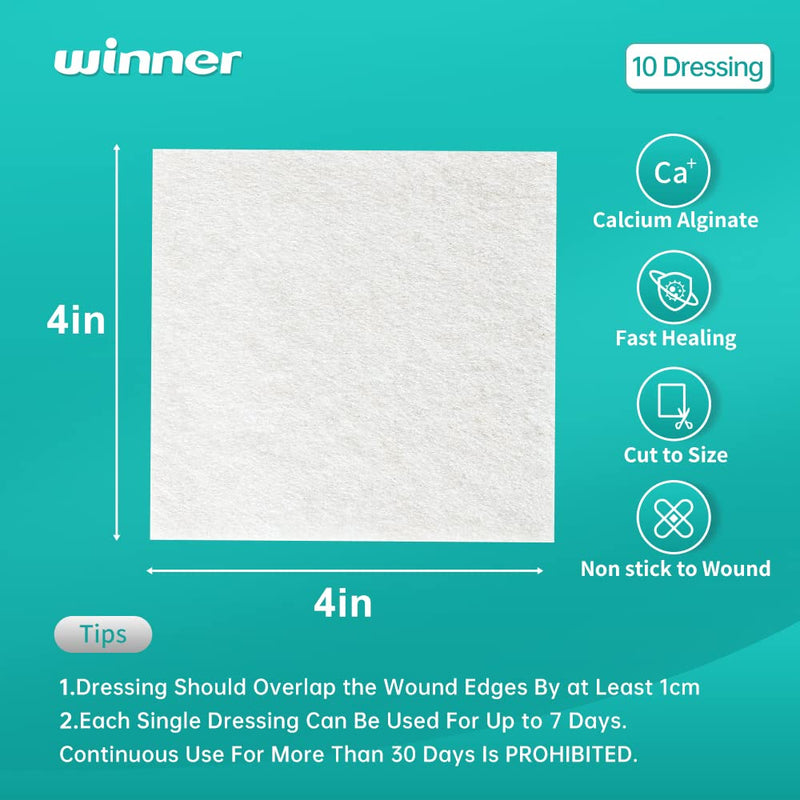 Winner Medical Calcium Alginate Wound Dressing Pads 4'' x 4'', Sterile (Box of 10) Antimicrobial, Non-Stick Padding, Highly Absorbent & Comfortable| Flexible & Gentle on The Skin, Faster Healing - NewNest Australia