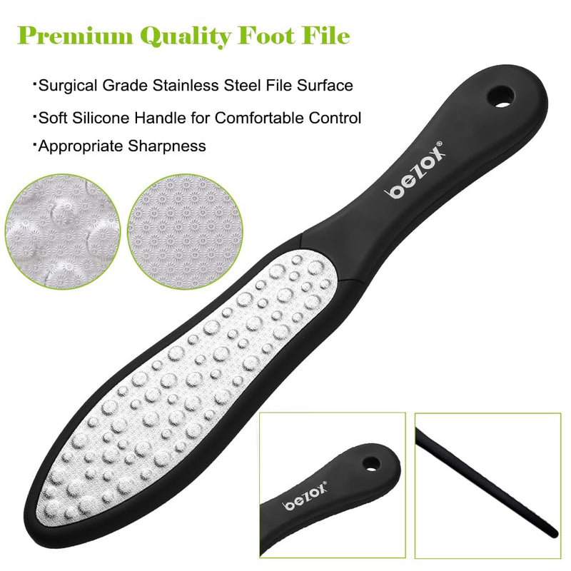 BEZOX Premium Foot File, Double Side Pedicure Rasp, Dead Hard Cracked Skin Calluses Remover, Portable Foot Care Tool, Heavy Duty Stainless Steel (Soft Silicone Handle) Light Black - NewNest Australia