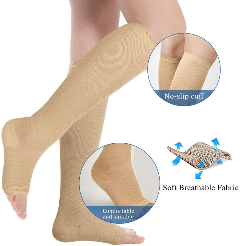3 Pairs Open Toe Compression Socks Women Knee High Toeless 15-25 mmHg (S/M) Beige Medium - NewNest Australia