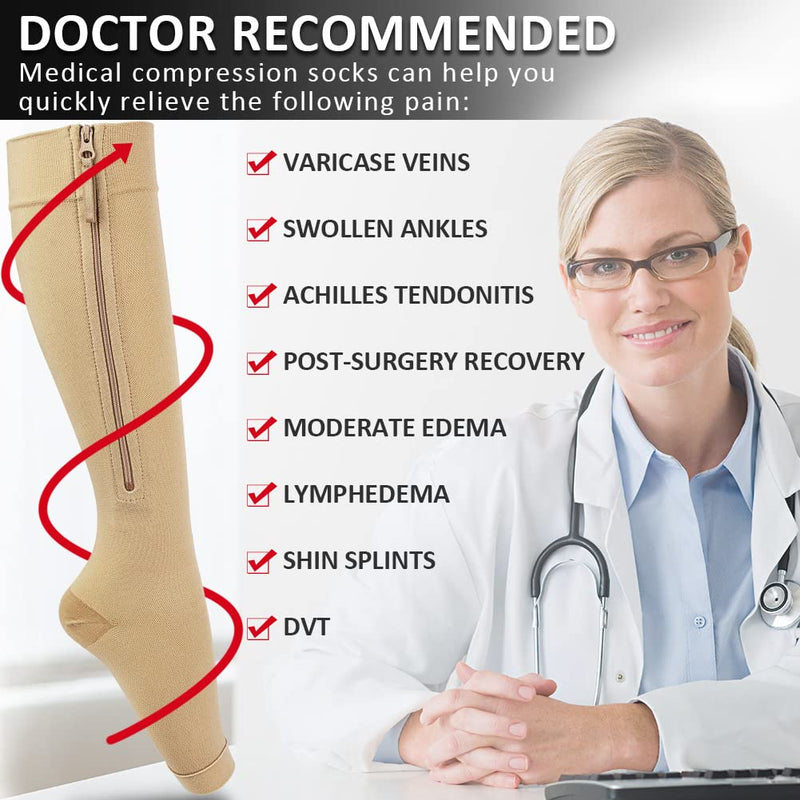 Ailaka Medical Compression Socks with Zipper, Knee High 15-20 mmHg Compression Socks for Women Men, Open Toe Support Socks for Varicose Veins, Edema, Recovery, Pregnant, Nurse 2X-Large (1 Pair) Beige - NewNest Australia