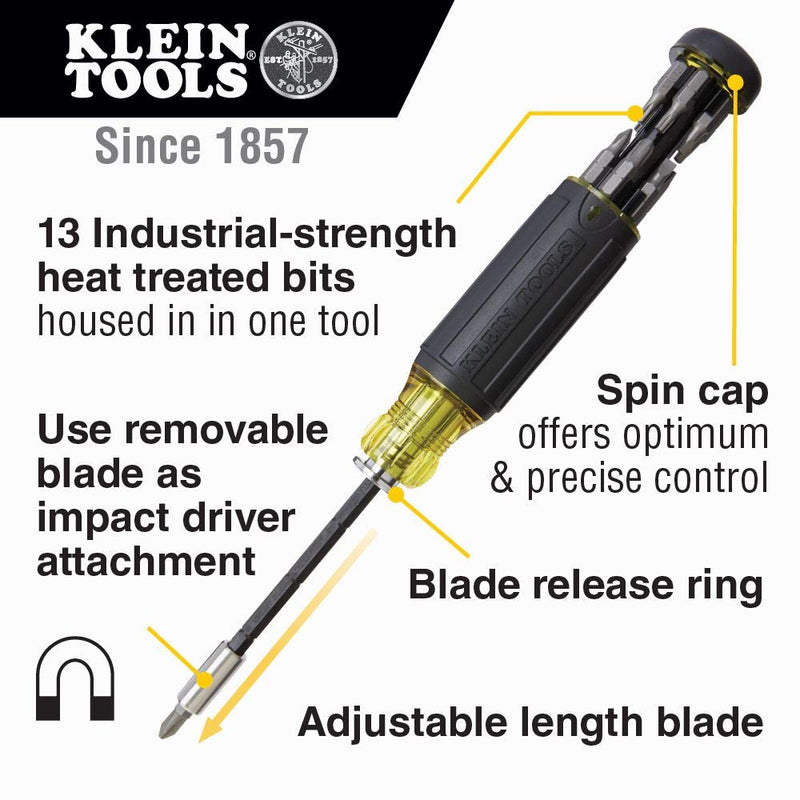 Klein Tools 32303 Multi-Bit Screwdriver / Nut Driver, Impact Rated 14-in-1 Magnetic Screwdriver Set Phillips, Slotted, Square, Combo, Torx - NewNest Australia