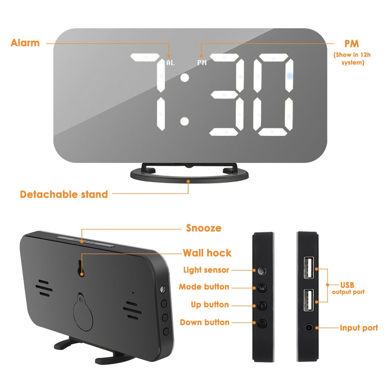 NewNest Australia - Alarm Clock, LED Digital Clock with 6.5" Large Display, Dual USB Charging Ports, Easy Snooze Function, Diming Mode, Mirror Surface Clock for Bedroom Living Room Office Travel (White Digital) White Digital 