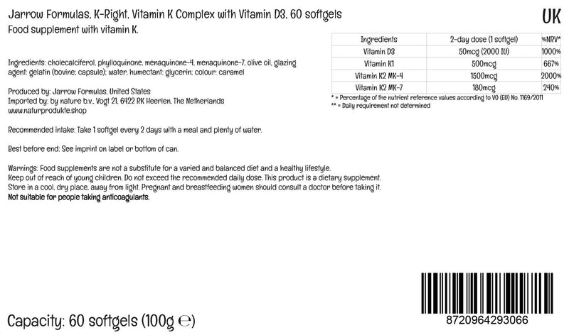 Jarrow Formulas K-Right Vitamin K Complex, depot, with vitamin D3, vitamin K1, MK-4 and MK-7, 60 soft capsules, laboratory tested, gluten-free, soy-free, non-GMO - NewNest Australia