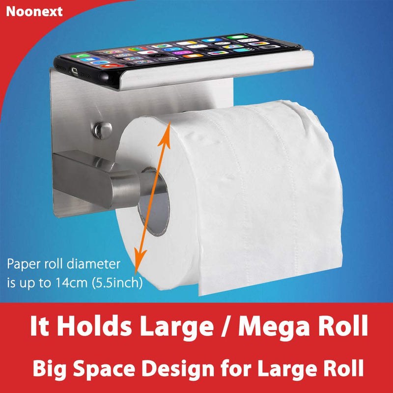 Adhesive Toilet Paper Holder with Shelf, SUS304 Stainless Steel Toilet Paper Roll Holder, Mega Roll Tissue Roll Paper Dispenser, No Drilling or Wall Mounted with Screws Brushed Nickle - NewNest Australia