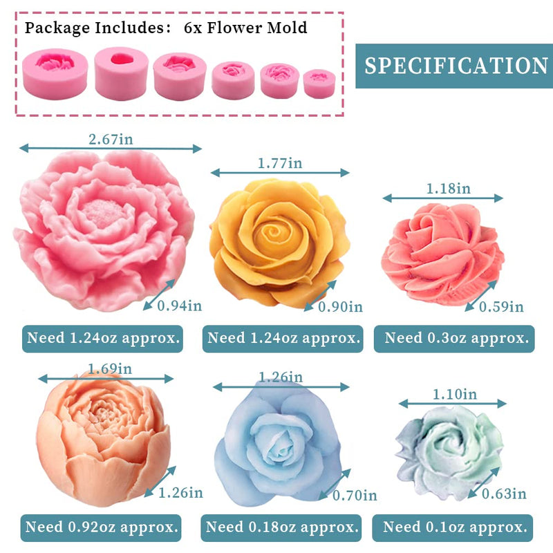 6PCS 3D Flower Fondant Molds Set, Rose Silicone Molds for Candle Soap Making, Handmade Cake Dessert Decoration Chocolate Cupcake Candy Ice Mold, Resin Concrete Art Crafts Accessories - NewNest Australia
