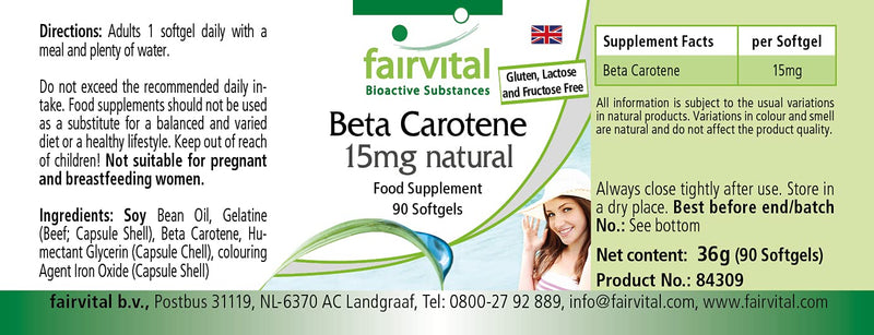 Fairvital | Beta carotene 25,000 IU - 15mg per capsule - HIGH DOSE - Provitamin A - 90 softgels - NewNest Australia