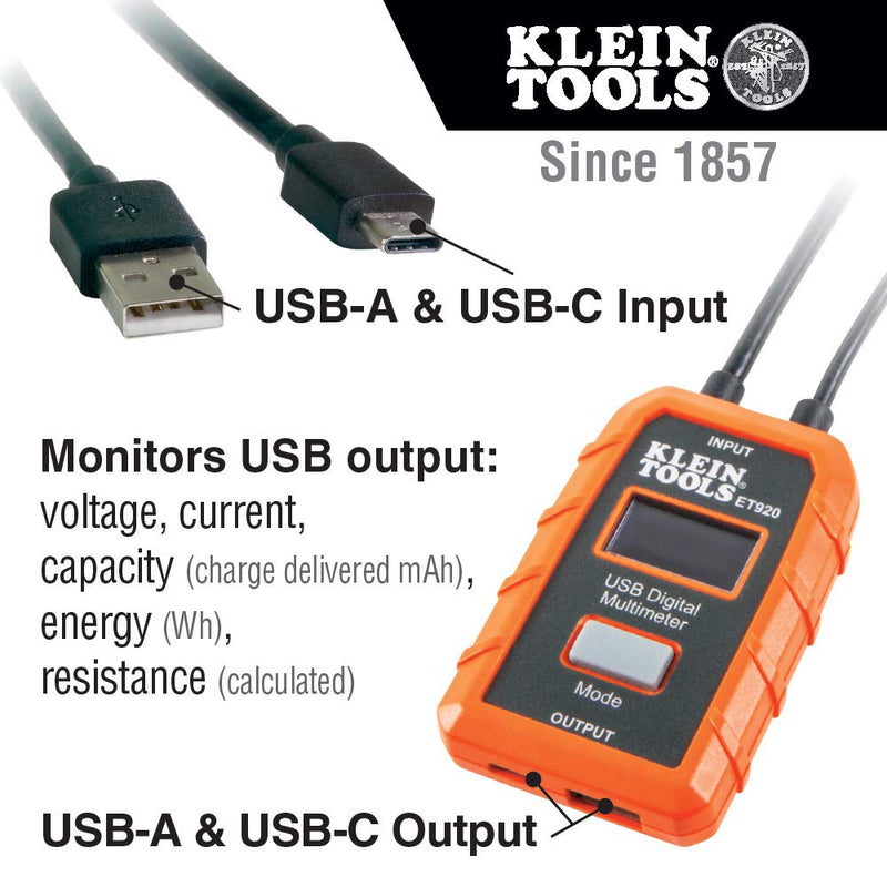 Klein Tools ET920 USB Power Meter, USB-A and USB-C Digital Meter for Voltage, Current, Capacity, Energy and Resistance USB-A and USB-C Meter - NewNest Australia