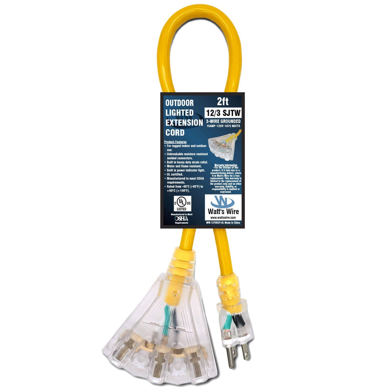 2-ft 12/3 Heavy Duty 3-Outlet Lighted SJTW Indoor/Outdoor Extension Cord by Watt's Wire - Short 2' 12-Gauge Grounded 15-Amp Power-Cord (2 foot 12-Awg) 2 ft Yellow - NewNest Australia